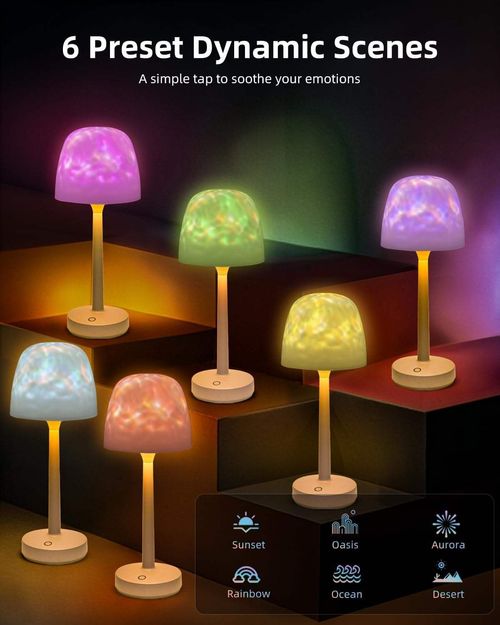 Aurora Projection Rotating Bedside Table Lamp 16 RGB LED Colors Water Ripple Effect Remote Control Cordless Battery Operated