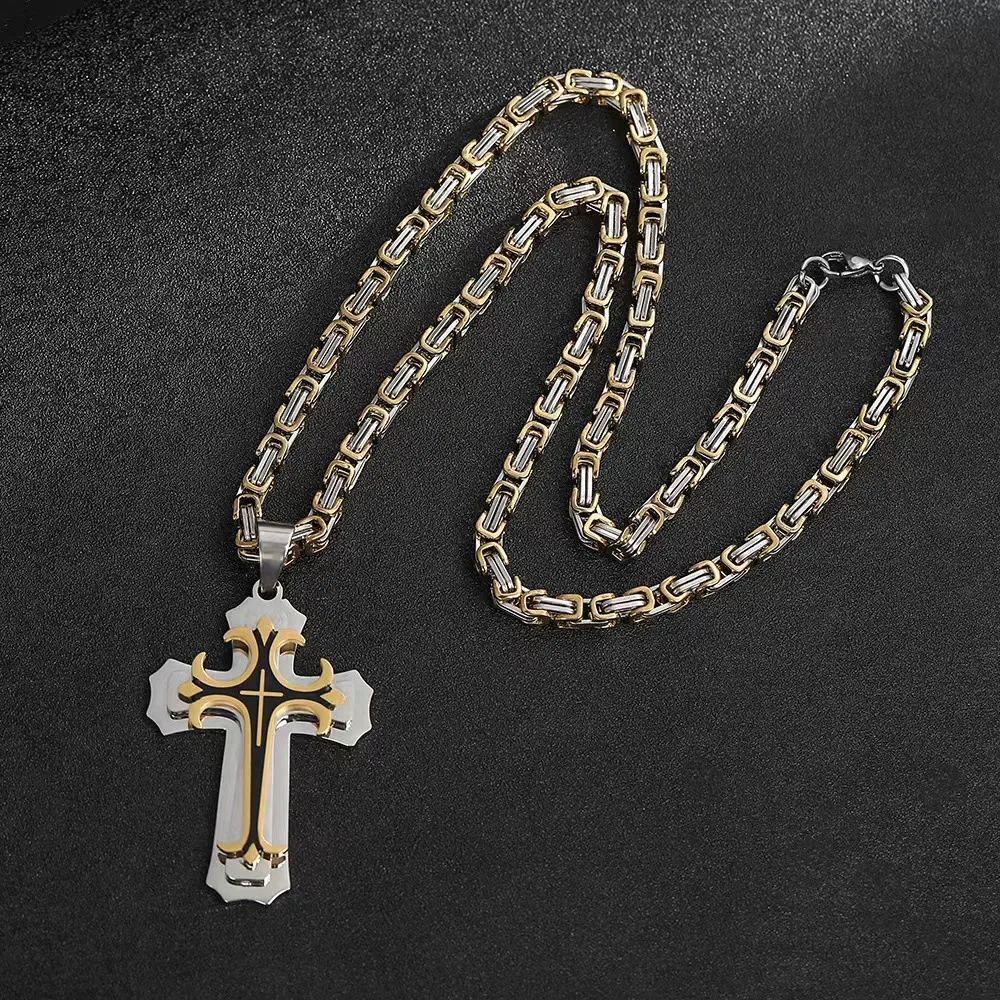 European and American double-layer corrosion oiled cross pendant necklace stainless steel titanium steel men's jewelry