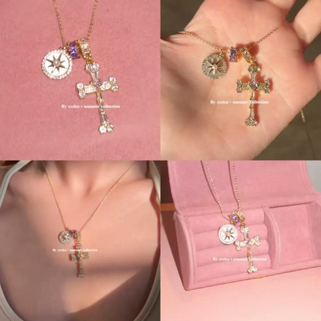 Fearless Heart Sweet and Cool Octagonal Clavicle Chain, Exquisite Purple and Pink Cross Necklace