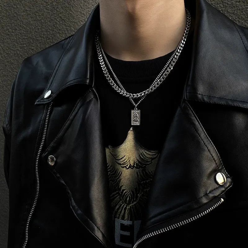 Vintage titanium steel pendant Cuban chain, double-layer hip-hop necklace