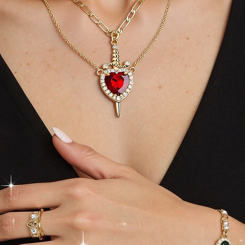 Hot selling love diamond sword-shaped necklace double layer crystal pendant necklace, couple style