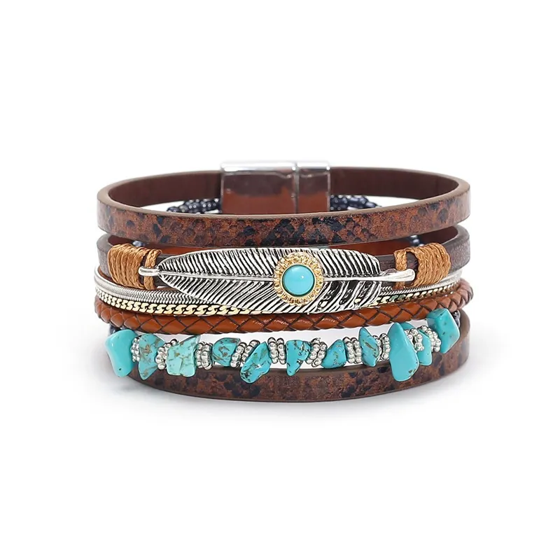Bohemian style gravel feather leather women's bracelet, creative retro feather turquoise magnet clasp bracelet