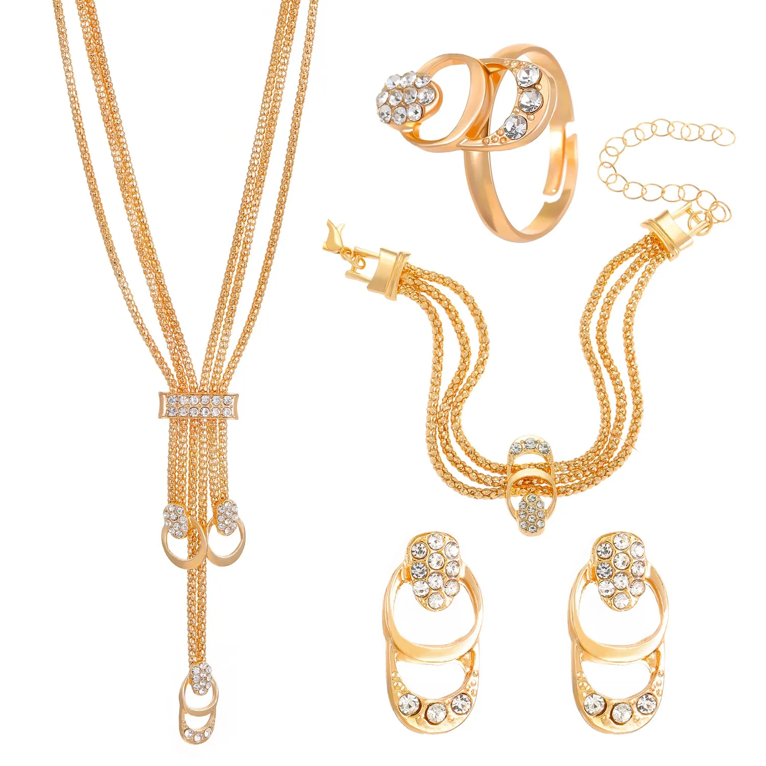 Hot selling gold-plated exaggerated jewelry set, necklace, earrings, ring and bracelet four-piece set