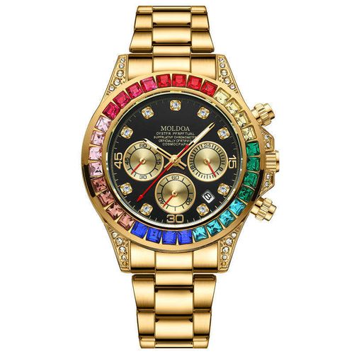 MOLDOAA66 Explosive Style Colored Diamond Six Needle Calendar Butterfly Double Button Men Luminous Waterproof Wrist Quartz Watch