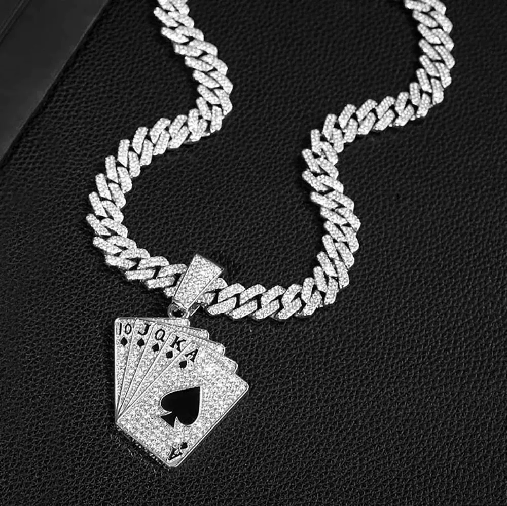 Hot selling fashionable and personalized playing card pendant necklace, men's full diamond hip-hop Cuban necklace