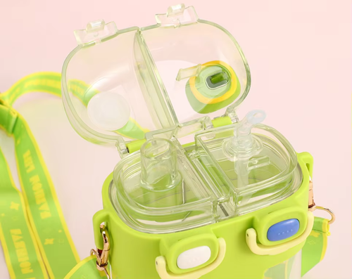 Wholesale Kids Cute Double Straw Cup Kettle Portable Kids Cartoon Plastic Straws Water Bottle