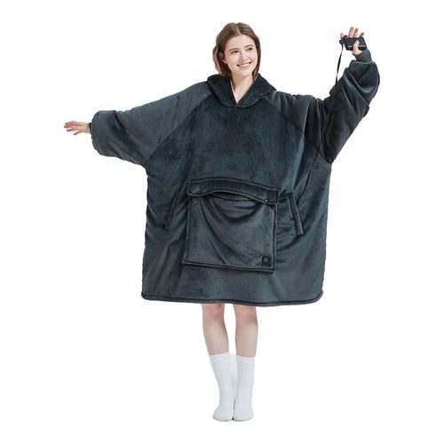 Classic Dark Grey Color Cozy Oversized Fluffy Sherpa Winter Warm Wearable Heated Electric Hoodie Blanket for Adults