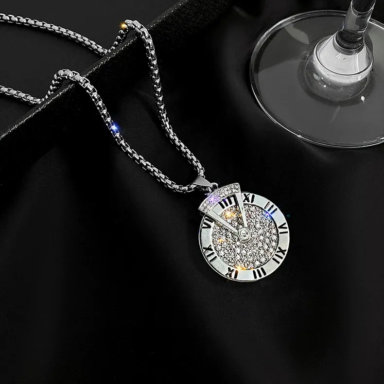Roman numeral sweater chain, long necklace for men, hip-hop, versatile, rotating pendant