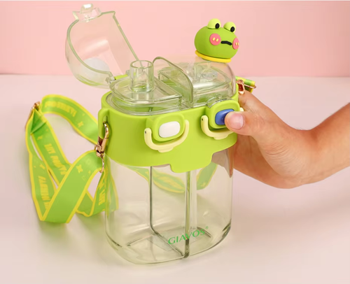 Wholesale Kids Cute Double Straw Cup Kettle Portable Kids Cartoon Plastic Straws Water Bottle