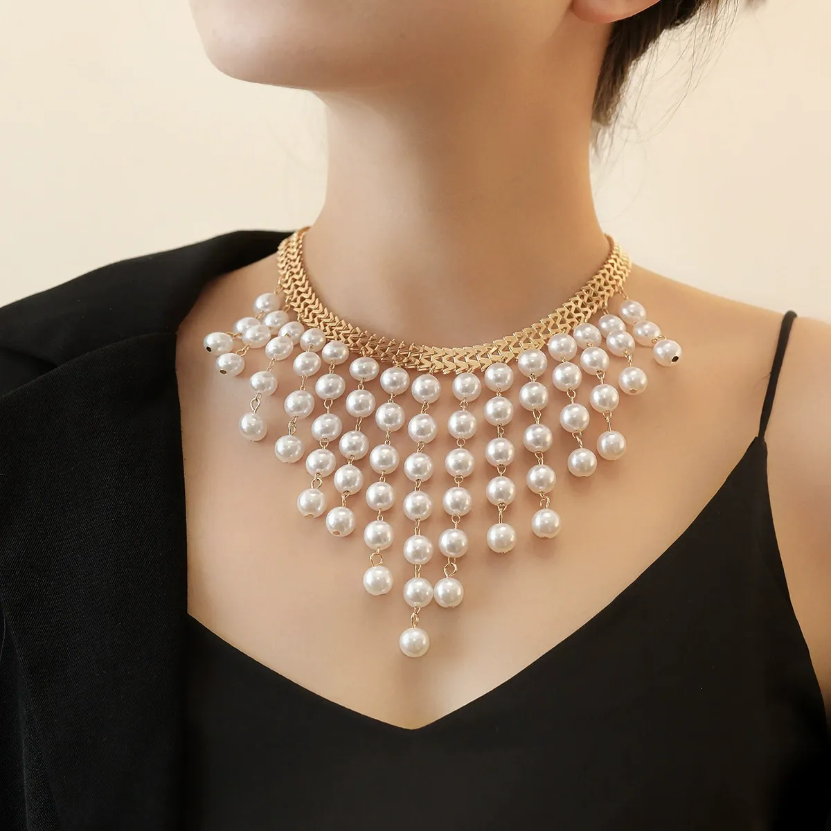 Multi-layer long pearl tassel necklace trendy personality clavicle chain