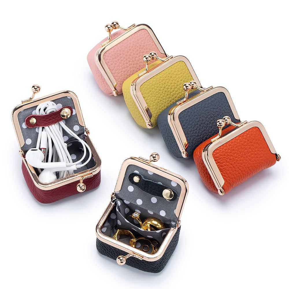 New Leather Exquisite Kiss Lock Lipstick Bag Womens Ring Jewelry Necklace Storage Bag Mini Coin Purse Female
