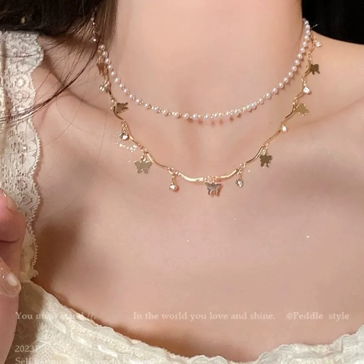Light luxury double layer butterfly pearl necklace elegant clavicle necklace for women