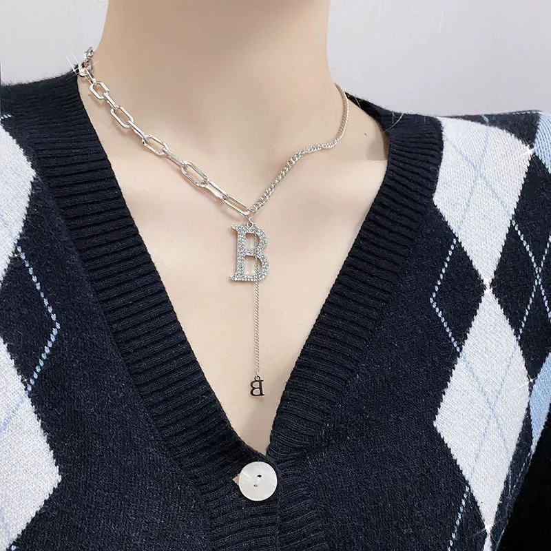 Popular titanium steel full diamond necklace, personalized letter B women's sweater chain