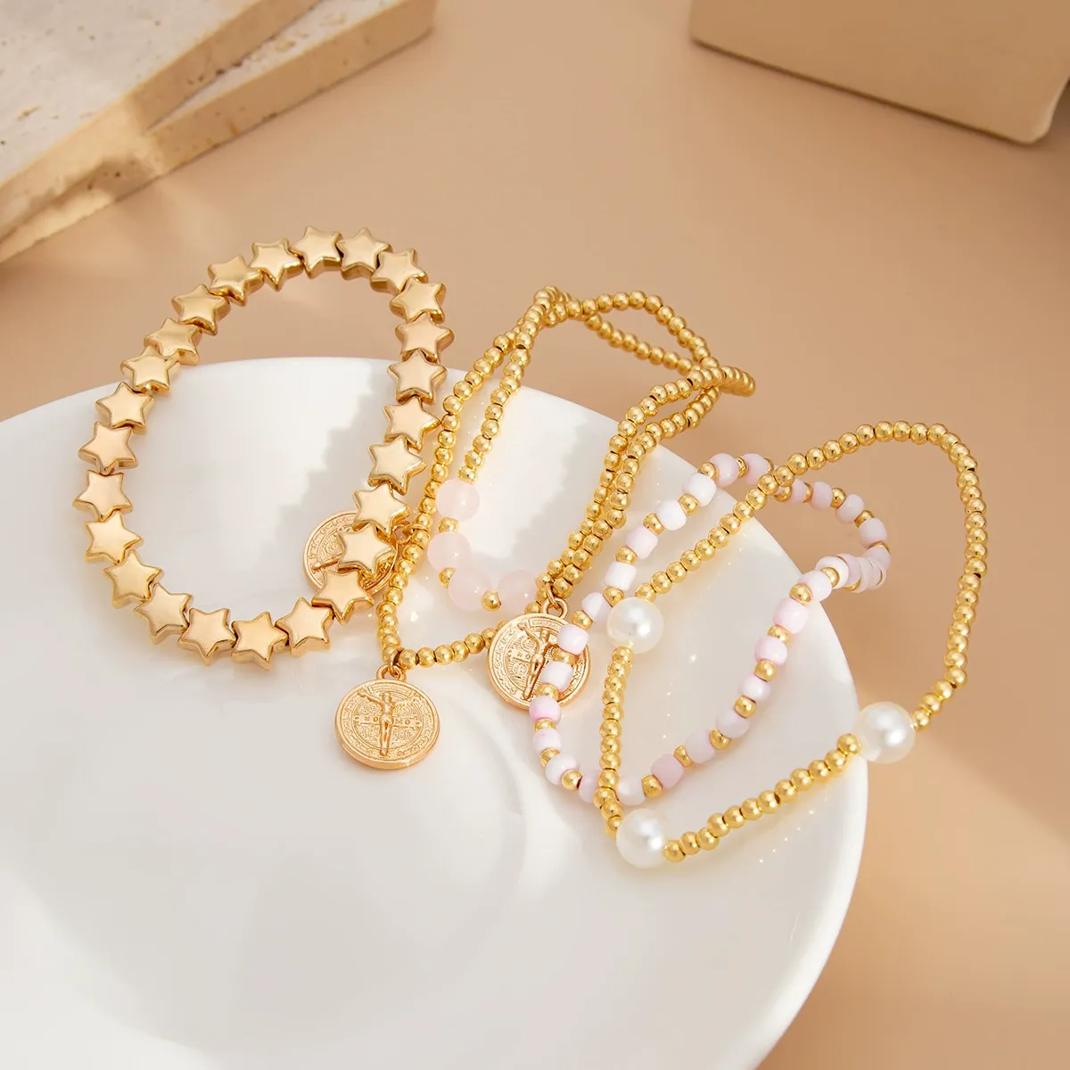 Bohemian ins five-pointed star beaded elastic bracelet fashionable metal bracelet