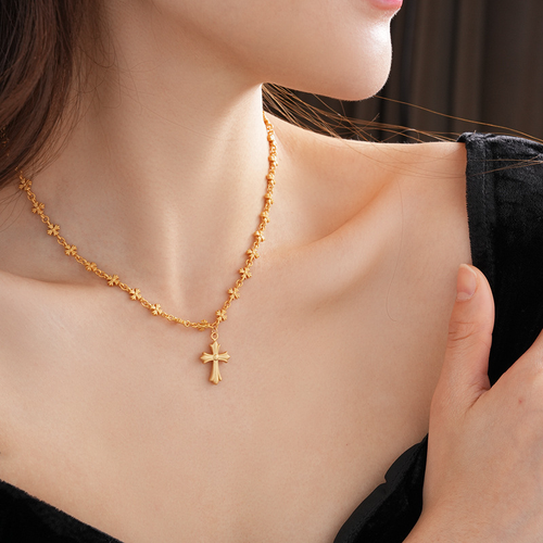 Colorfast gold-plated Croce necklace, cross-style clavicle chain