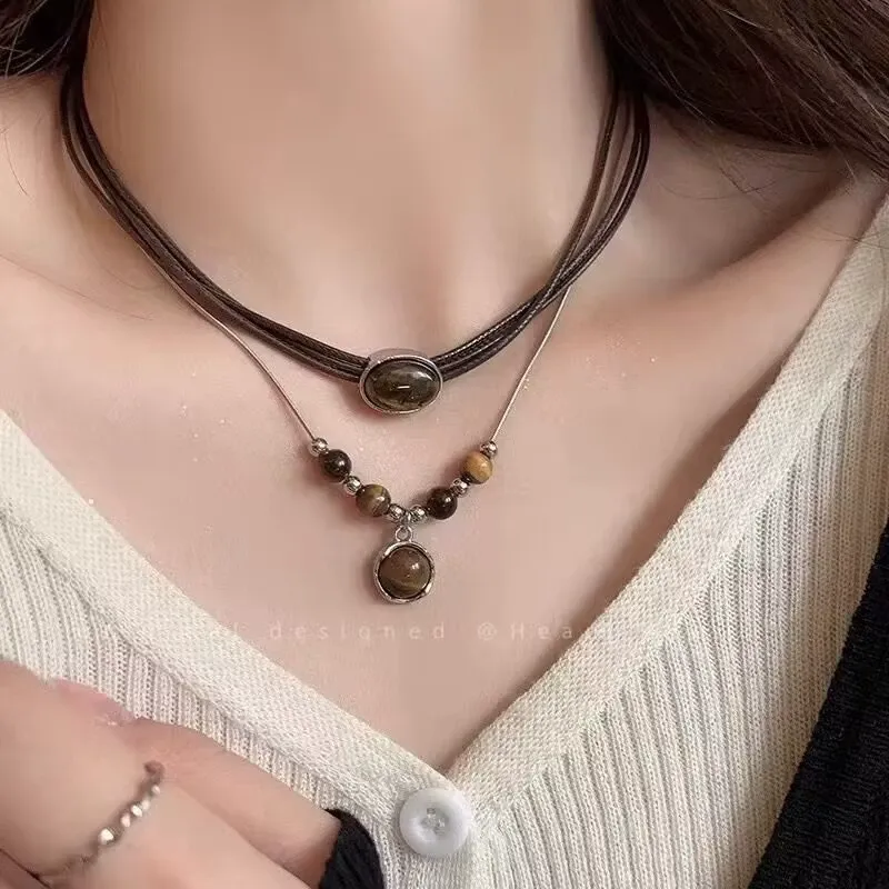 Vintage leather tiger eye necklace women's stacking choker necklace
