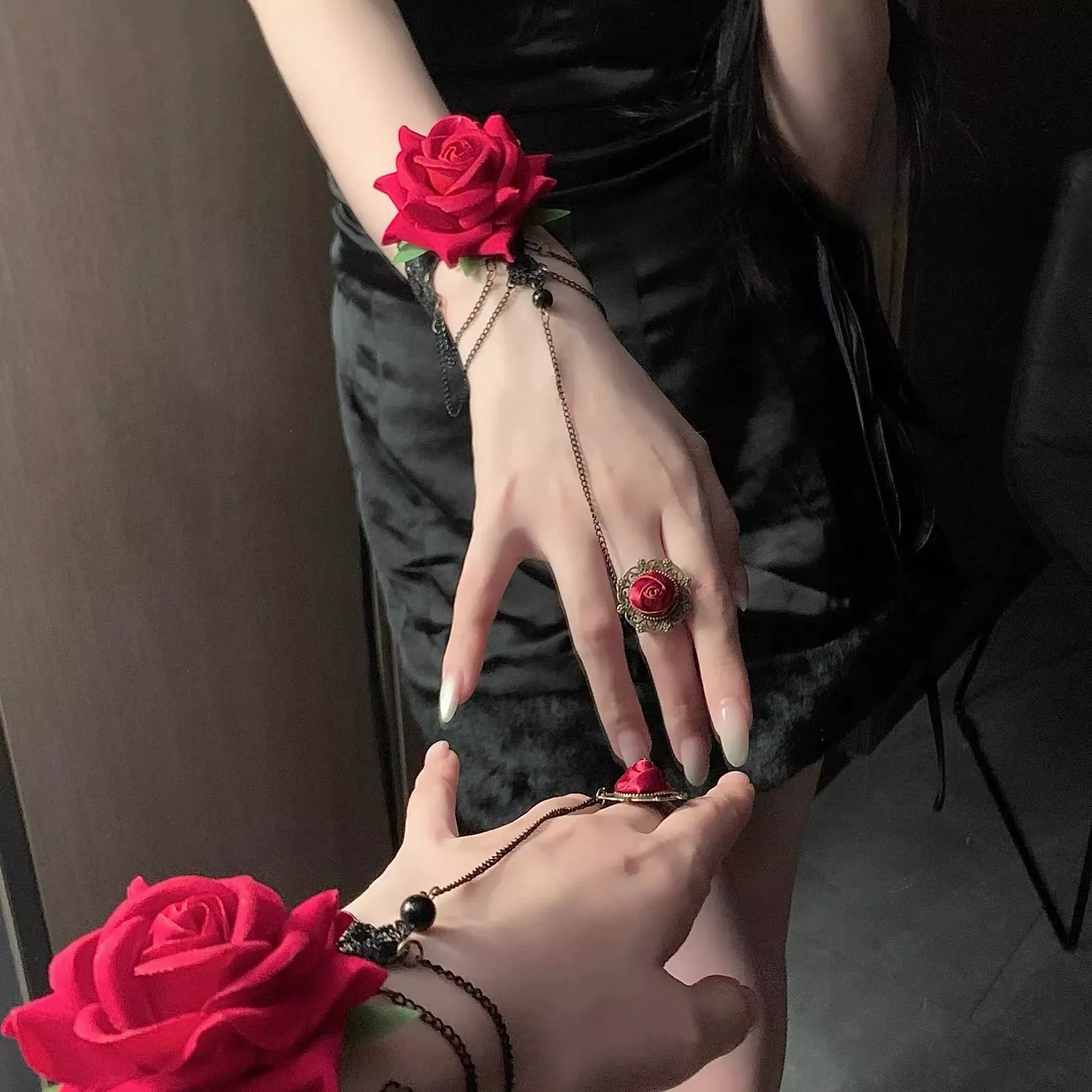 Vintage lace rose ring bracelet punk gothic red lolita Christmas Halloween accessories