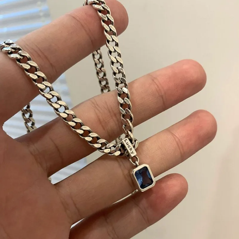 Blue zircon necklace for women niche design heavy simple thick chain lucky clavicle chain