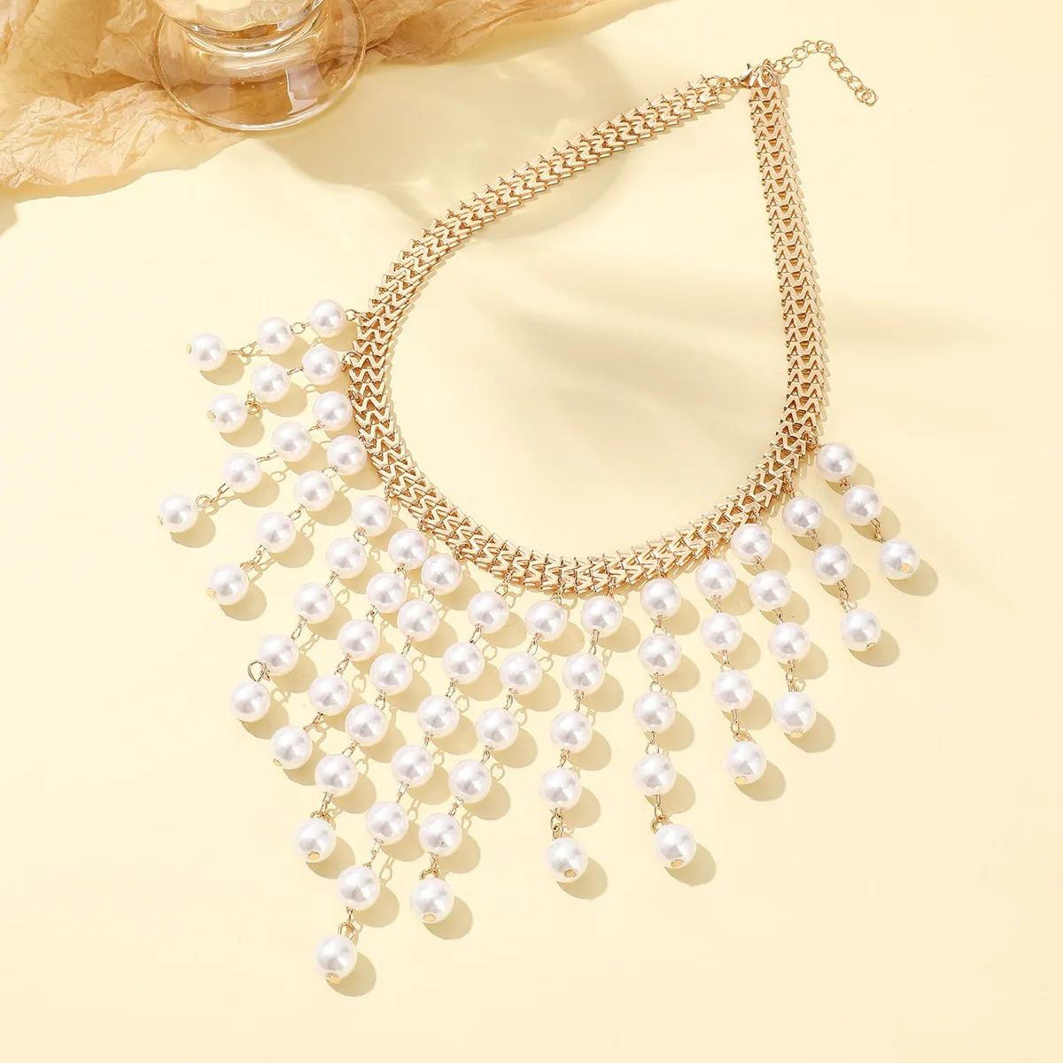 Multi-layer long pearl tassel necklace trendy personality clavicle chain