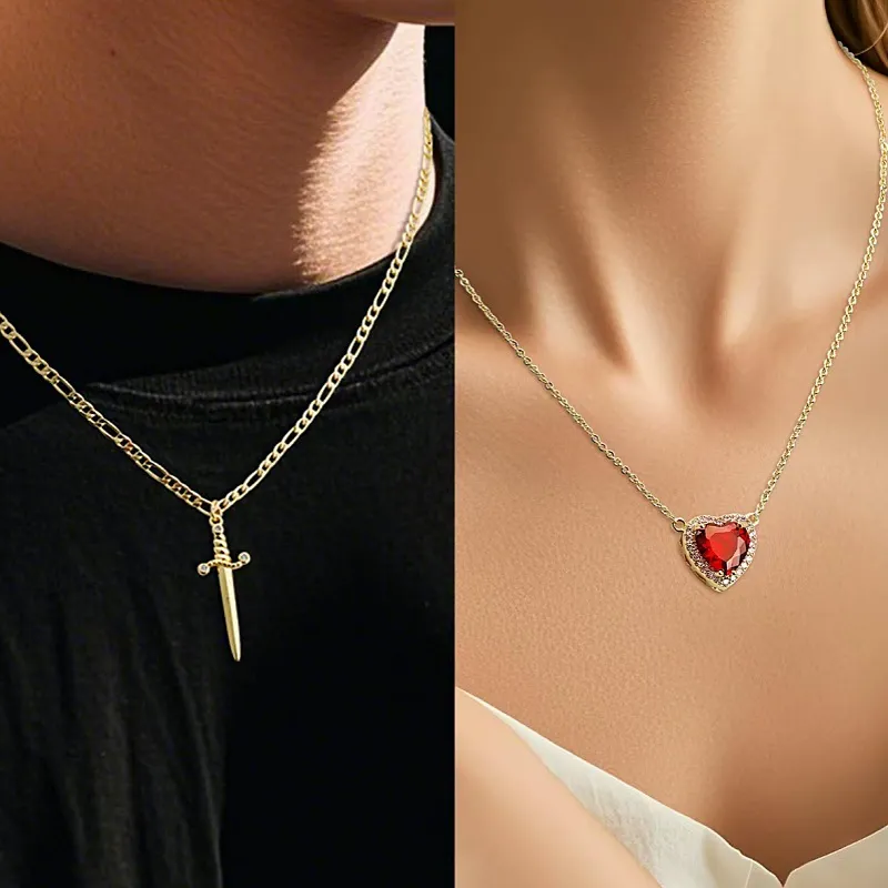 Hot selling love diamond sword-shaped necklace double layer crystal pendant necklace, couple style