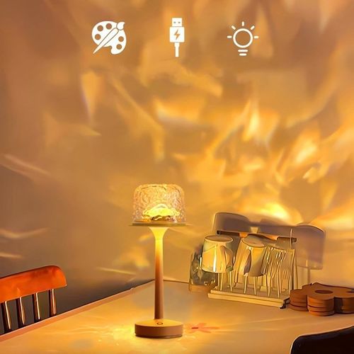 Aurora Projection Rotating Bedside Table Lamp 16 RGB LED Colors Water Ripple Effect Remote Control Cordless Battery Operated