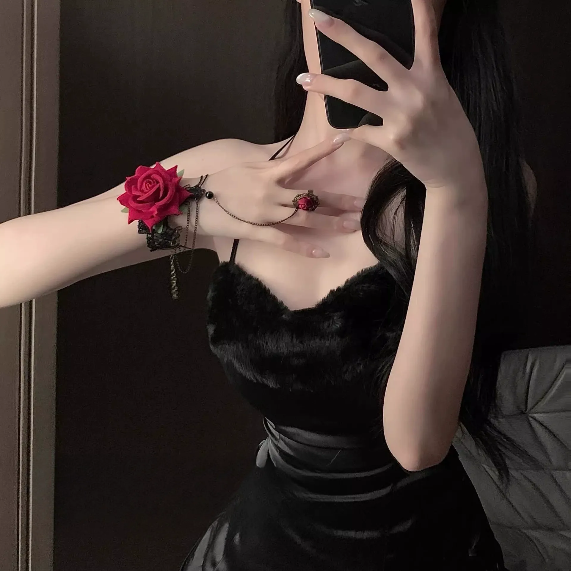 Vintage lace rose ring bracelet punk gothic red lolita Christmas Halloween accessories