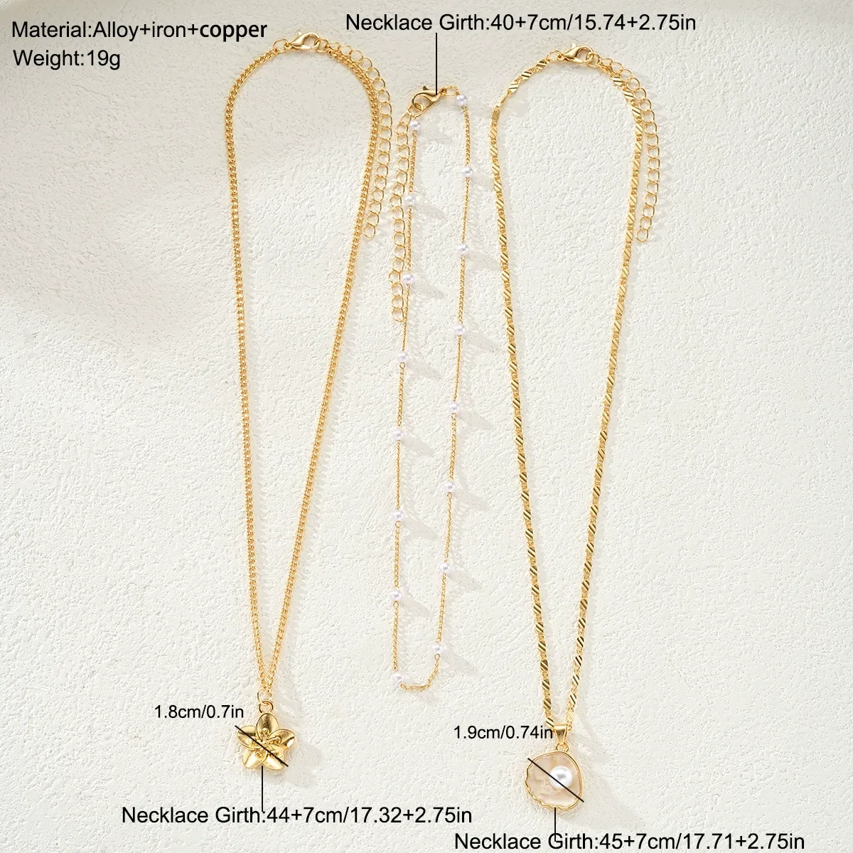 Temperament pearl multi-layer clavicle chain, shell pendant 3-piece gold-plated necklace