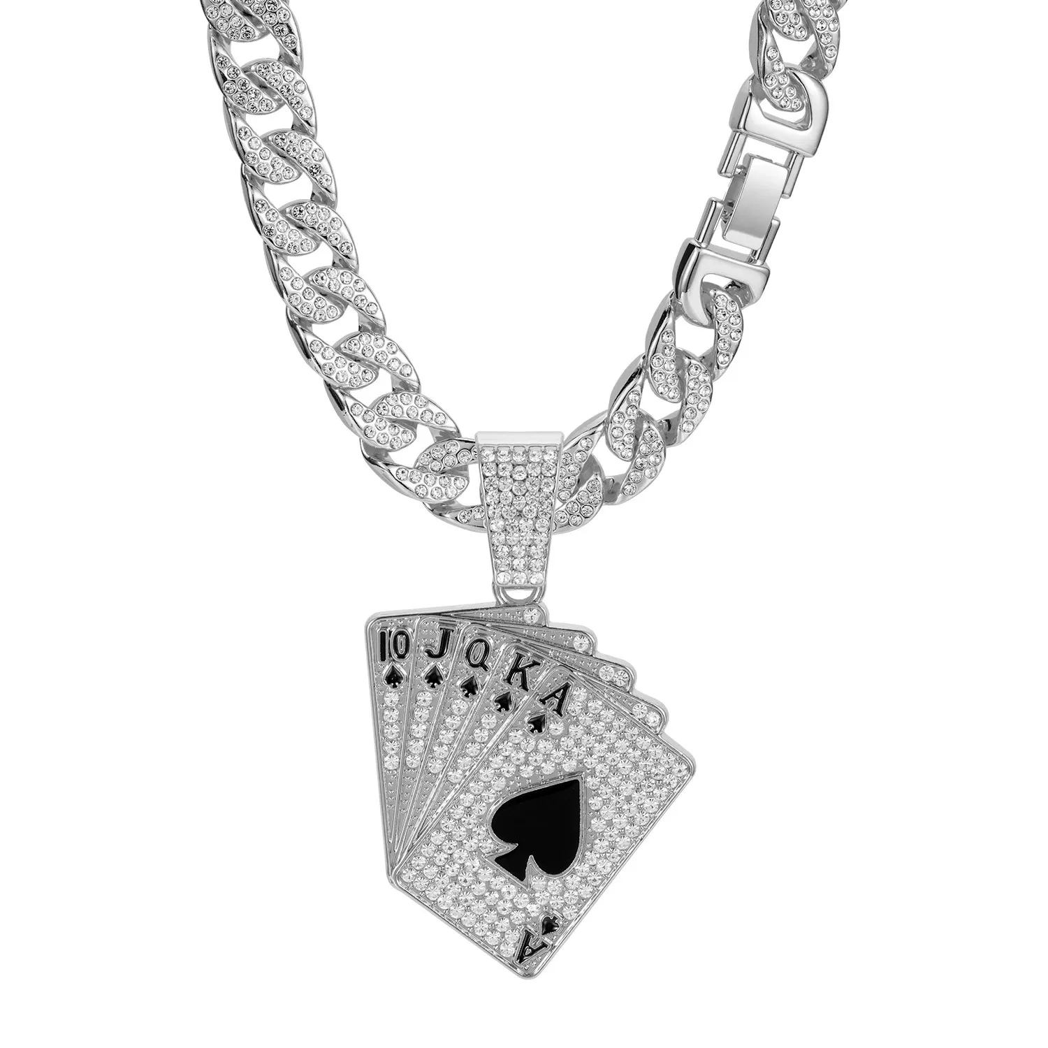 Hot selling fashionable and personalized playing card pendant necklace, men's full diamond hip-hop Cuban necklace