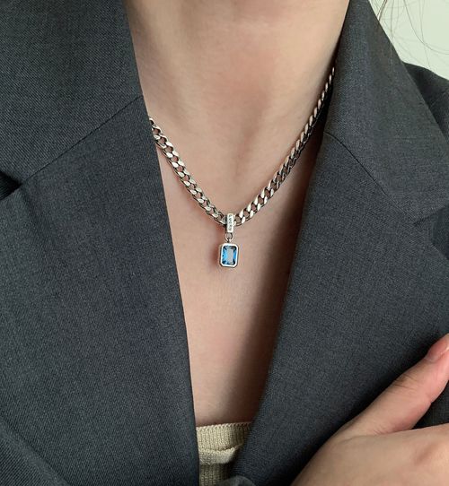 Blue zircon necklace for women niche design heavy simple thick chain lucky clavicle chain