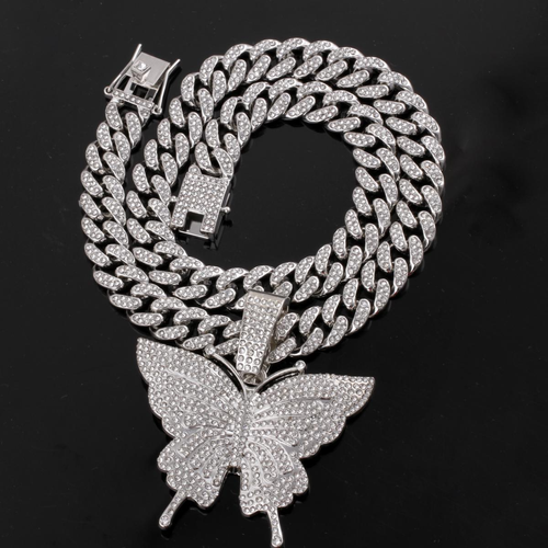 Hot hip-hop style necklace, European and American fashion alloy full diamond unisex butterfly Cuban chain