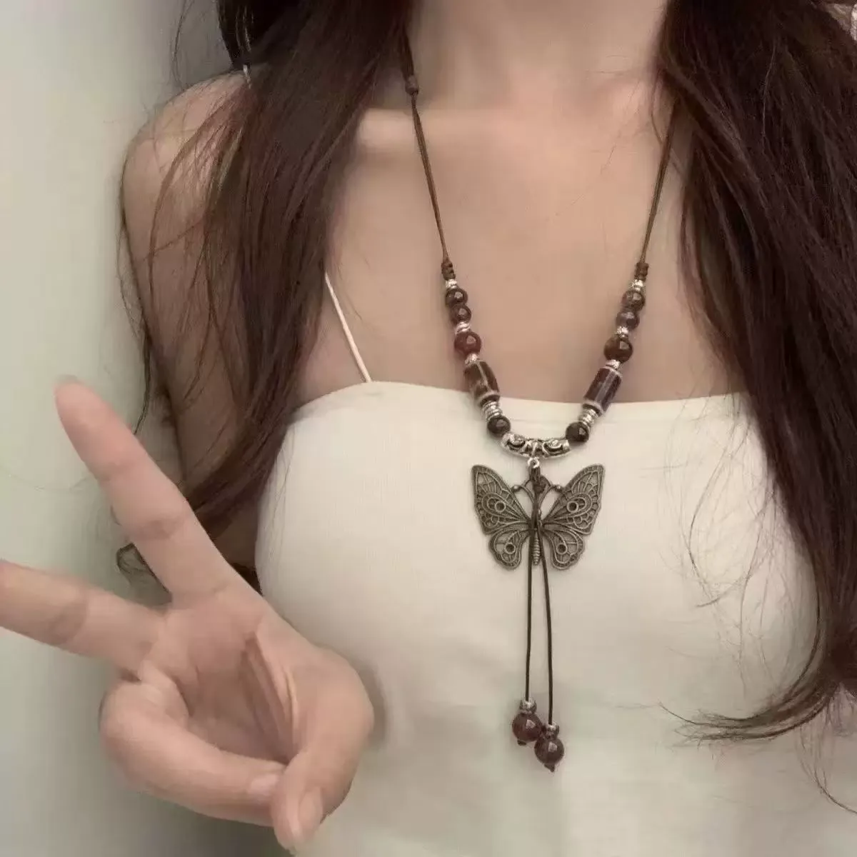 Retro Bohemian necklace, long ceramic butterfly pendant necklace