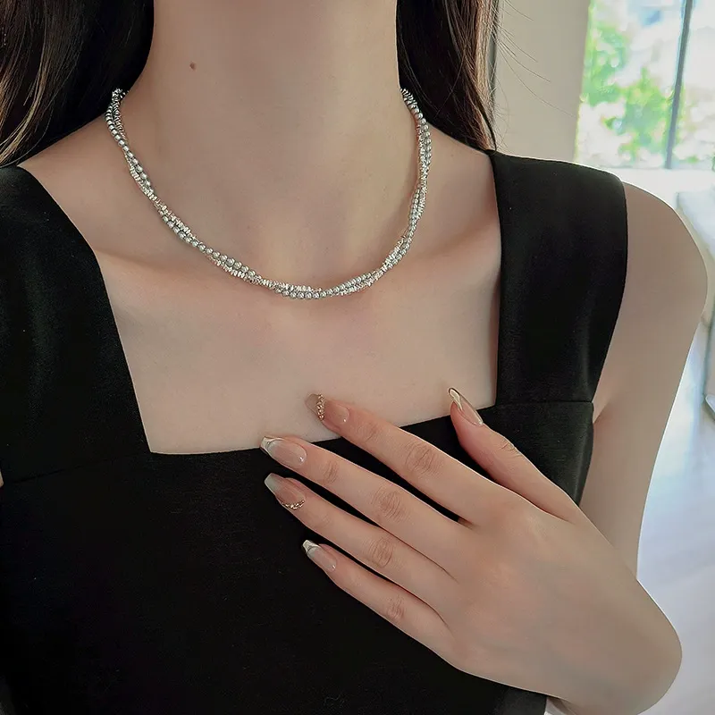 Pearl geometric silver necklace, non-fading fashion clavicle necklace