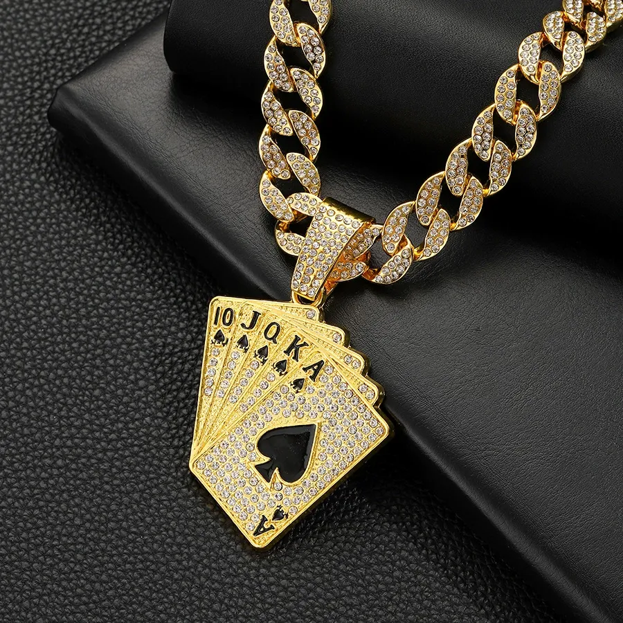 Hot selling fashionable and personalized playing card pendant necklace, men's full diamond hip-hop Cuban necklace