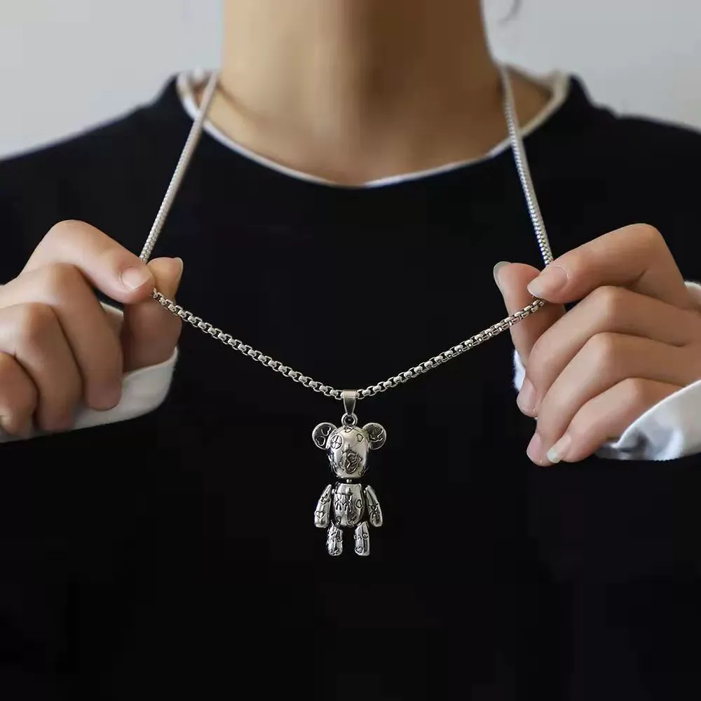 Movable bear titanium steel necklace hip-hop sweater chain for men and women