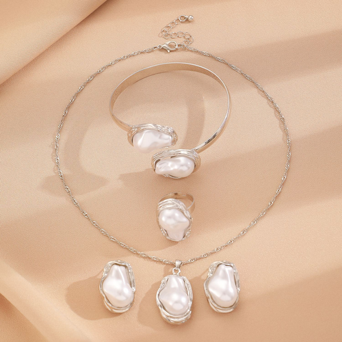 Baroque shaped pearl 5-piece jewelry set for women, necklace, earrings, ring, bracelet, collar