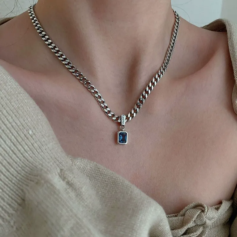 Blue zircon necklace for women niche design heavy simple thick chain lucky clavicle chain