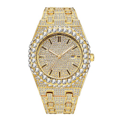 Luxury Bling Diamond Stones Men's Watch 18k Gold Plated Ice Out Quartz Iced Wrist Watches for Men Male Waterproof Wristwatch
