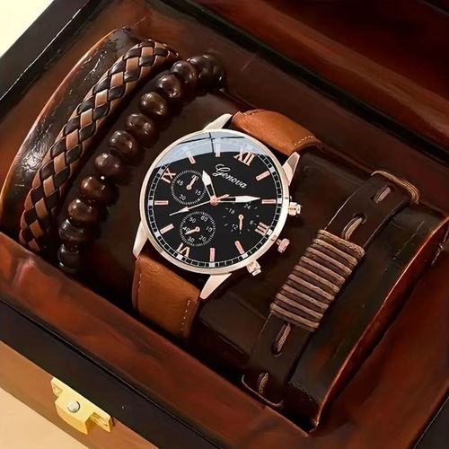 4pcs Set Fashionable Men Watch Set Round Pointer Quartz Watch With 4pcs Bracelets Montre Homme CC057