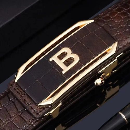 Coffee Leather Belt ,Luxury Crocodile Pattern Automatic Buckle