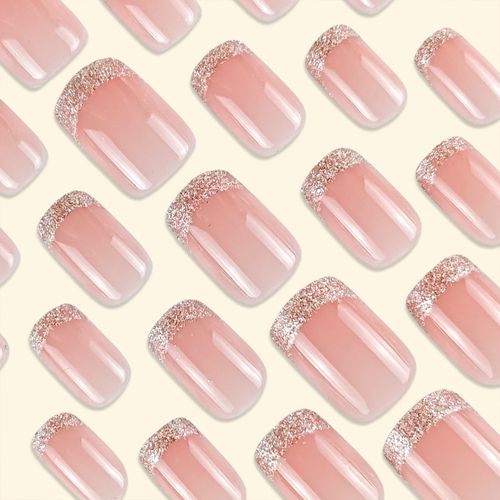 Gorgeous Nude Pink Press-On Nails: Sweet & Elegant Round-Tip Style with Glitter French Accents – Ready-to-Wear, Long-Lasting & Perfect for Daily Glow & Party Looks