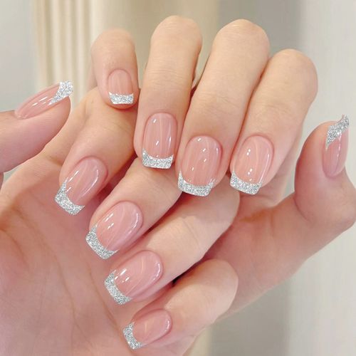 Gorgeous Nude Pink Press-On Nails: Sweet & Elegant Round-Tip Style with Glitter French Accents – Ready-to-Wear, Long-Lasting & Perfect for Daily Glow & Party Looks