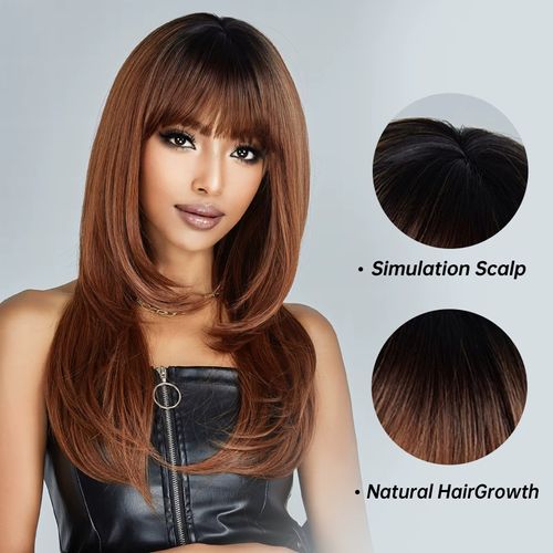 Gorgeous Long Layered Synthetic Wig with Bangs - Heat-Resistant, Natural-Looking Simulation Scalp & Easy Styling