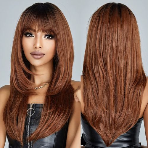 Gorgeous Long Layered Synthetic Wig with Bangs - Heat-Resistant, Natural-Looking Simulation Scalp & Easy Styling