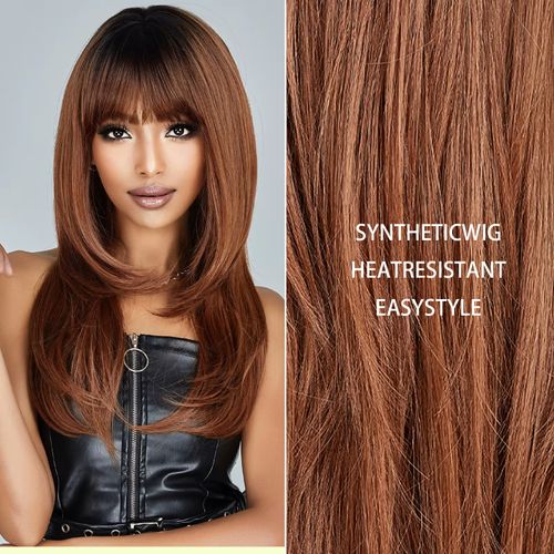 Gorgeous Long Layered Synthetic Wig with Bangs - Heat-Resistant, Natural-Looking Simulation Scalp & Easy Styling