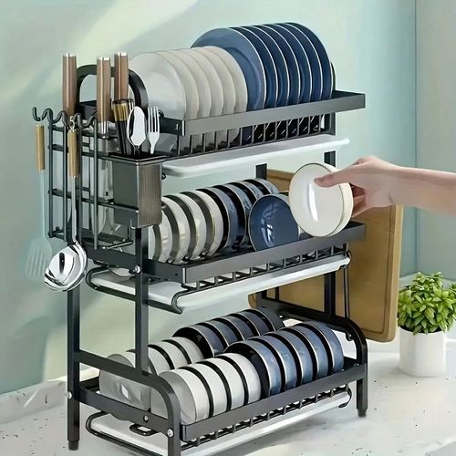 2025 Space-Saving 3-Tier Dish Rack – Large Capacity Kitchen Organizer with Drip Tray & Cutting Board Holder  Black