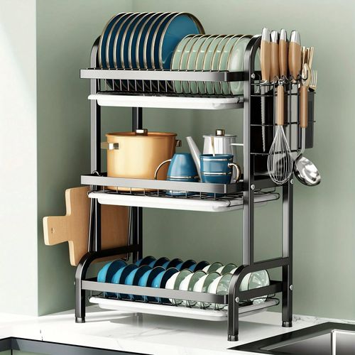 2025 Space-Saving 3-Tier Dish Rack – Large Capacity Kitchen Organizer with Drip Tray & Cutting Board Holder  Black