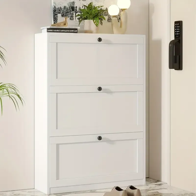 （24-hour delivery+Cash on delivery）Modern White Wooden Shoe Rack with Flip-Top Drawer - Entryway, Hallway, Living Room, Bedroom Storage Rack
