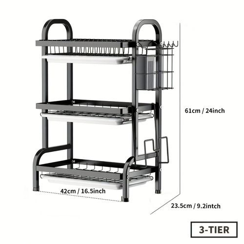 2025 Space-Saving 3-Tier Dish Rack – Large Capacity Kitchen Organizer with Drip Tray & Cutting Board Holder  Black