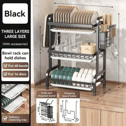 2025 Space-Saving 3-Tier Dish Rack – Large Capacity Kitchen Organizer with Drip Tray & Cutting Board Holder  Black
