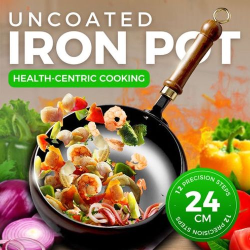🔥 Quality Guaranteed + Non-Toxic 🔥 Hand-Forged, Coating-Free Heavy Iron Wok (24cm with Lid)